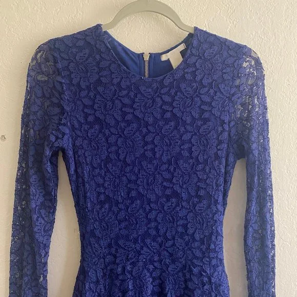 H&M Womens Mini Dress Lace Long Sleeve Floral Size 4 Spring Cobalt Blue Feminine - Picture 2 of 11